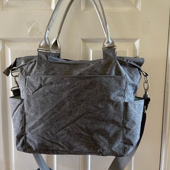 JJ Cole light gray fabric Caprice diaper bag aqua blue lining . - Picture 2 of 14
